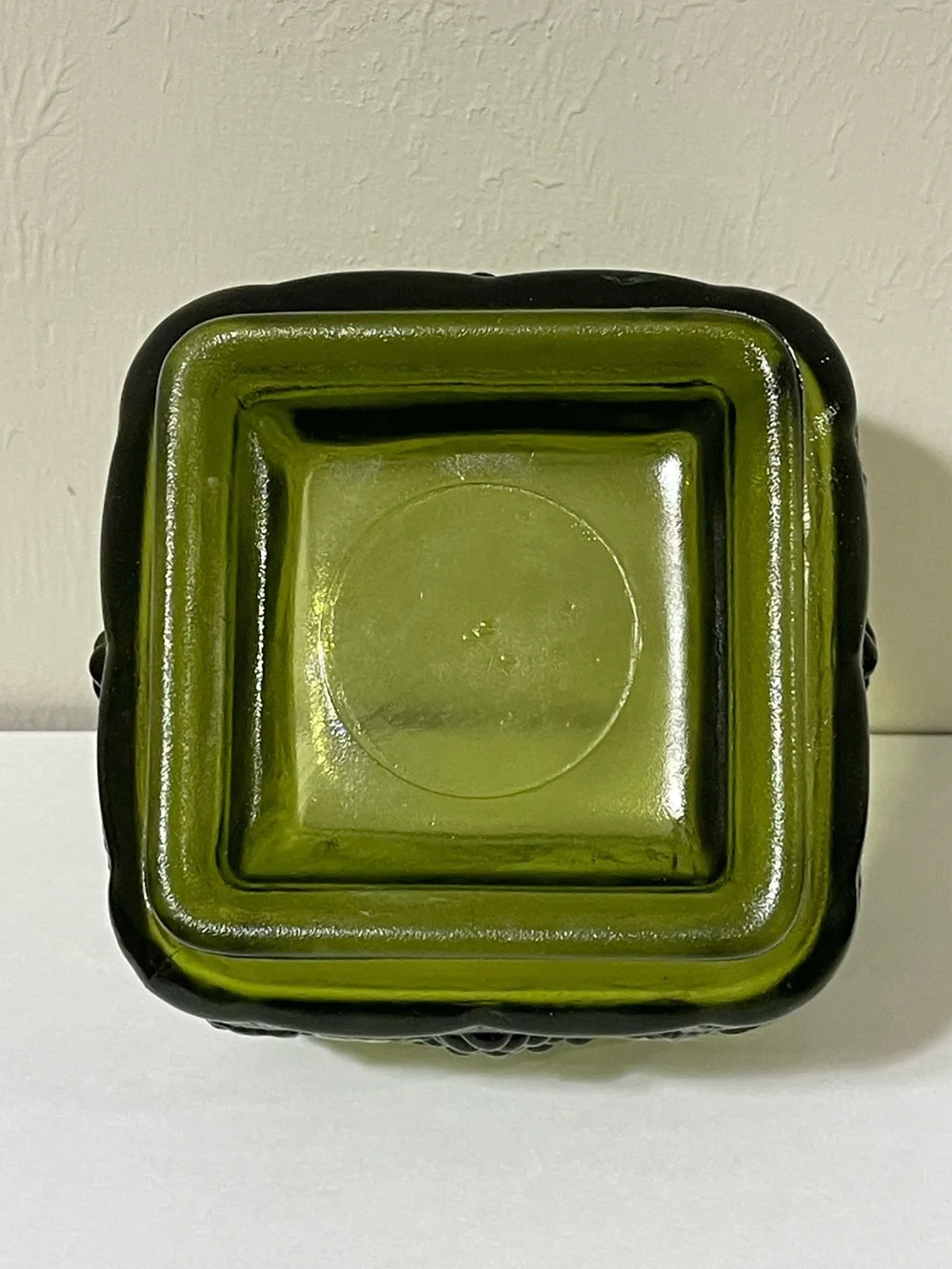 Indiana Glass Pedestal Square Bowl Vase Green Candy Dish Grapes Leaves Scalloped